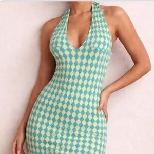 Princess Polly Blue and Cream Halter Dress